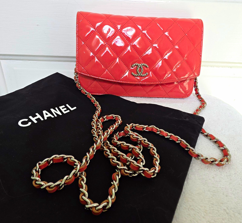 CHANEL Quilted Patent Wallet on Chain Coral Classic Flap w/Dust Bag & COA